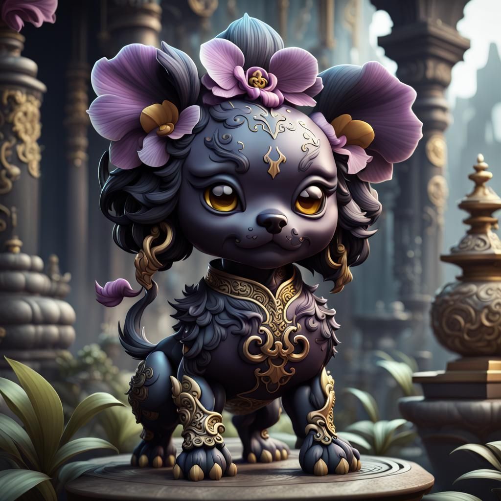 Detailed Chibi Black Orchid Foo Dog in Matte Painting