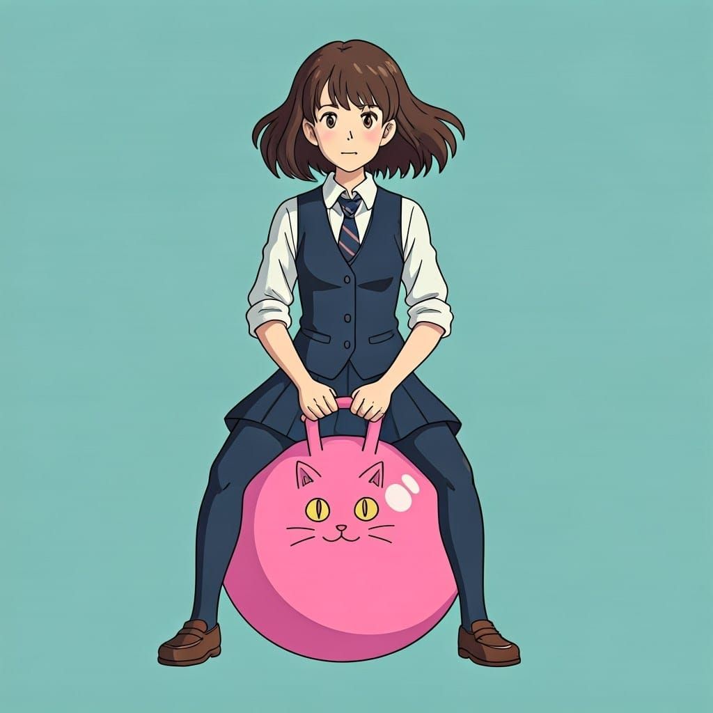 School Girl on Hopper Ball, Ghibli-Inspired