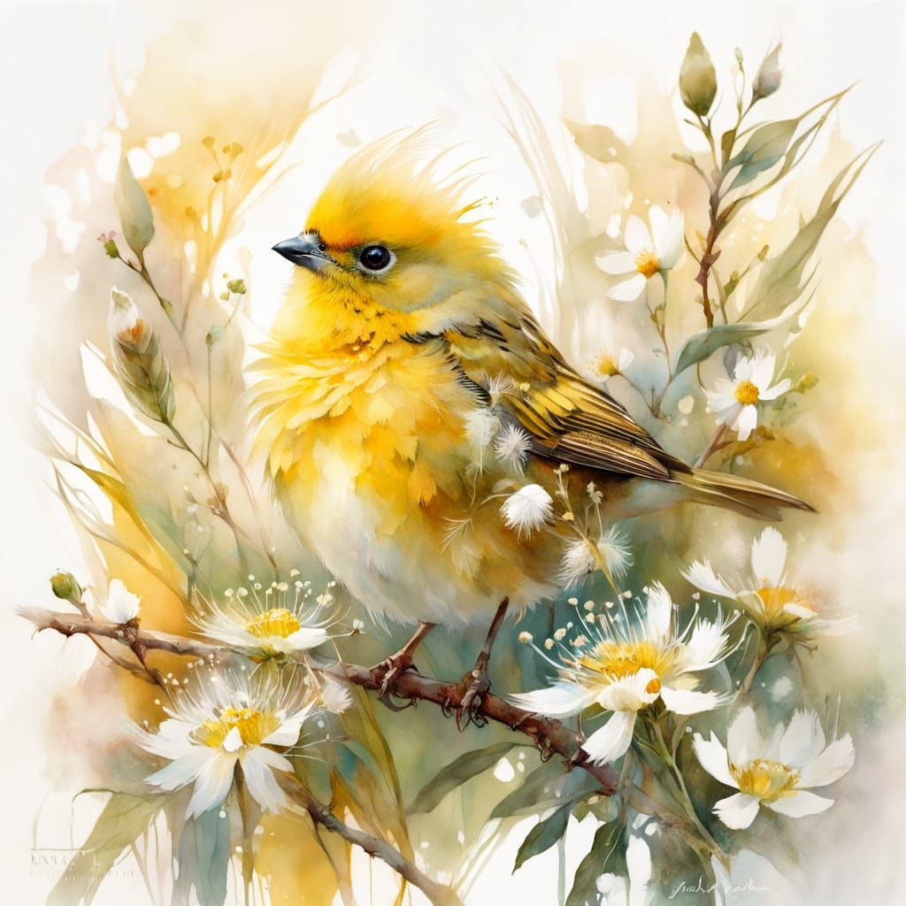 Vibrant Yellow Bunting Portrait in Soft Watercolor