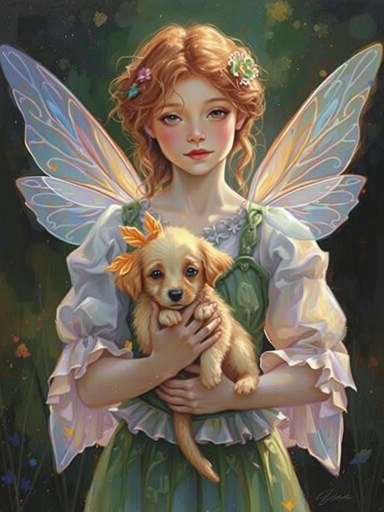 Fairy Holding Puppy in Expressionist Oil Painting