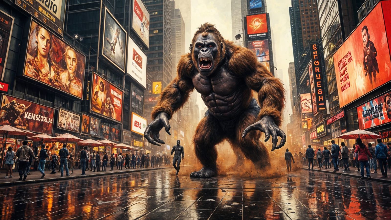 An alien-looking gorilla is attacking tourists in the middle...