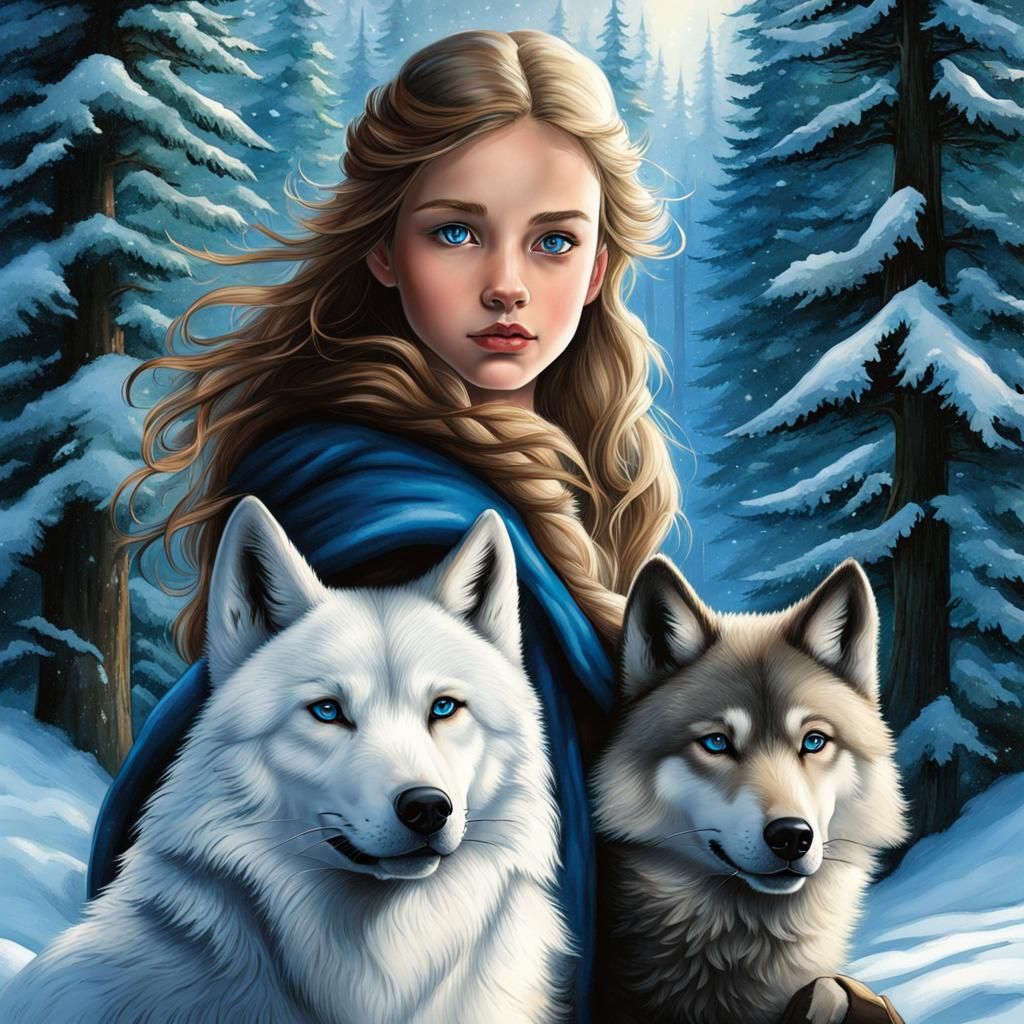 Girl and Blue-Eyed Wolf in Winter Forest