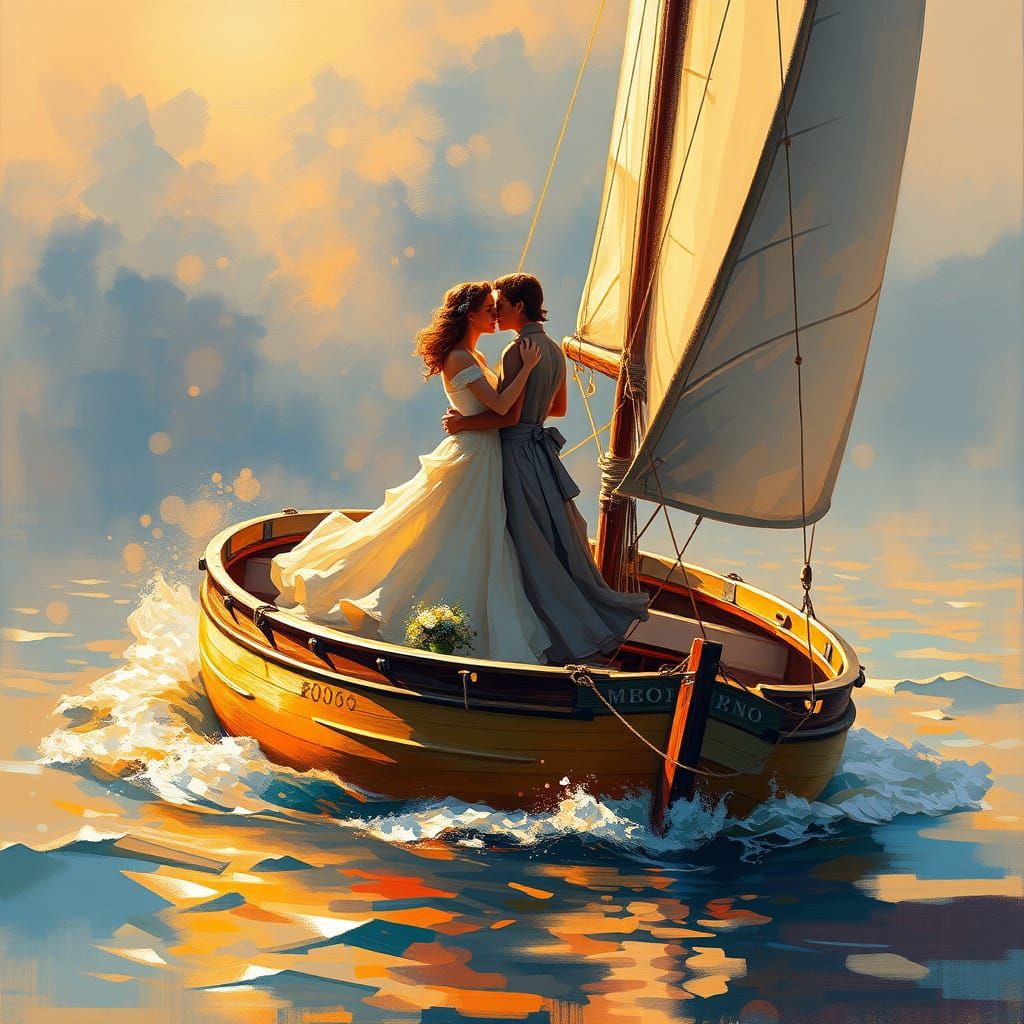 Romantic Sailboat Scene in Impressionist Style