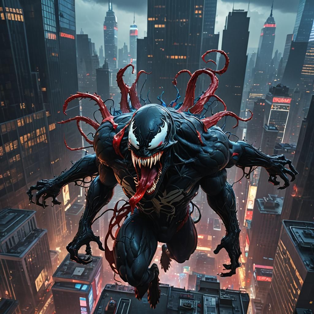 Venom Perched Atop Skyscraper with Neon Webs