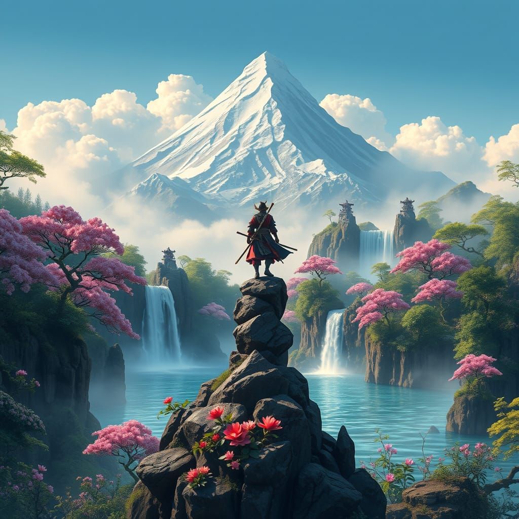 Surreal Warrior in Blissful Balance atop Misty Mountain