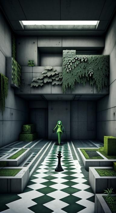 Minecraft Character in Surreal Concrete Chessscape