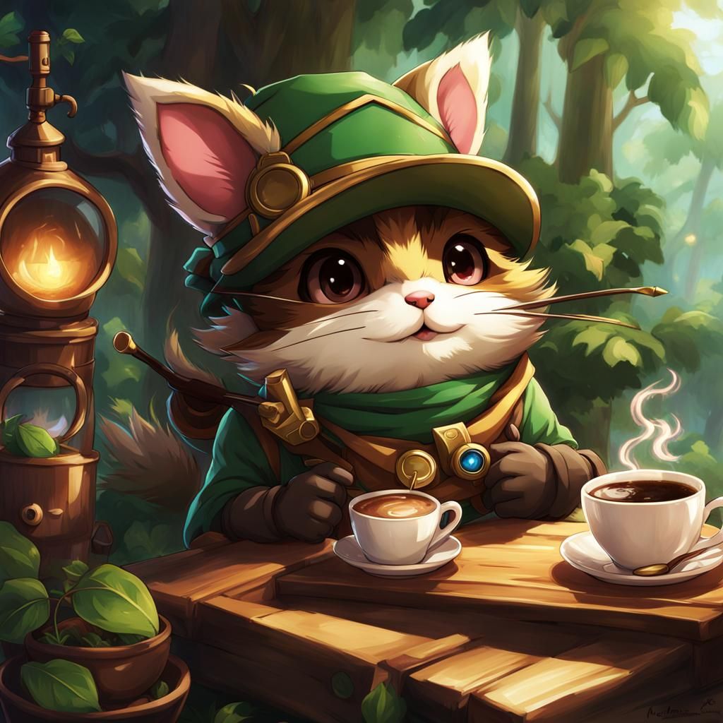 Teemo from League of Legends having Coffee in Anime Style