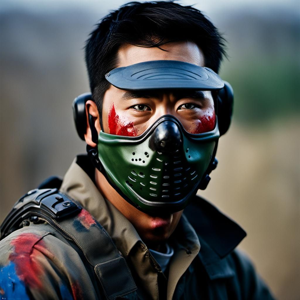Handsome Korean man that just got into a paintball fight