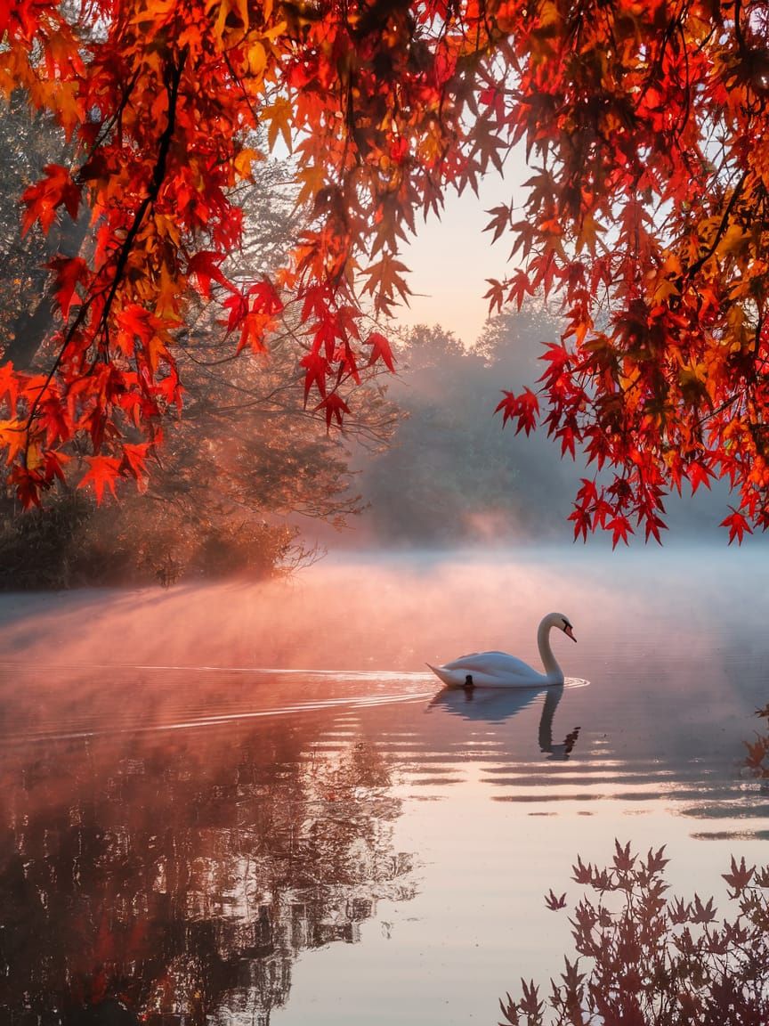Serene Swan on Misty Lake with Autumn Foliage