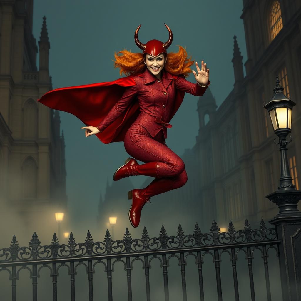 Victorian Female Spring-Heeled Jack Leaping Over London Fenc...