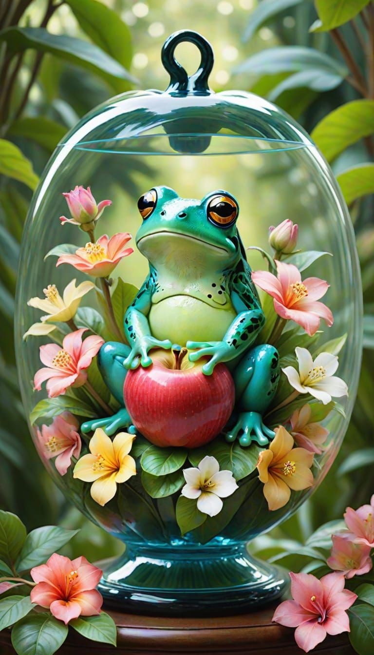 Frog in Glass Apple, Fairytale Watercolor Illustration