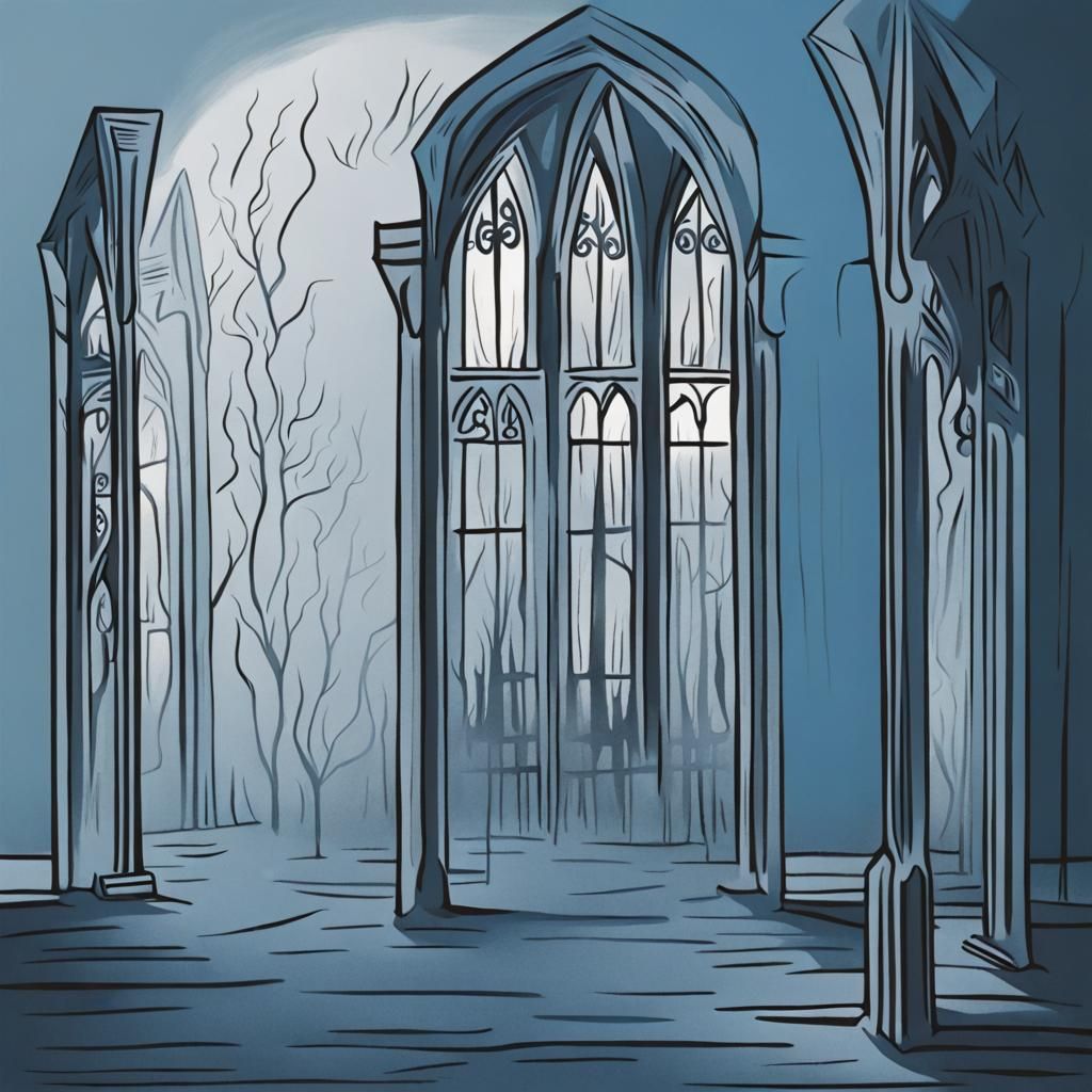 Gothic Horror in Cubist Style with Blue Mist
