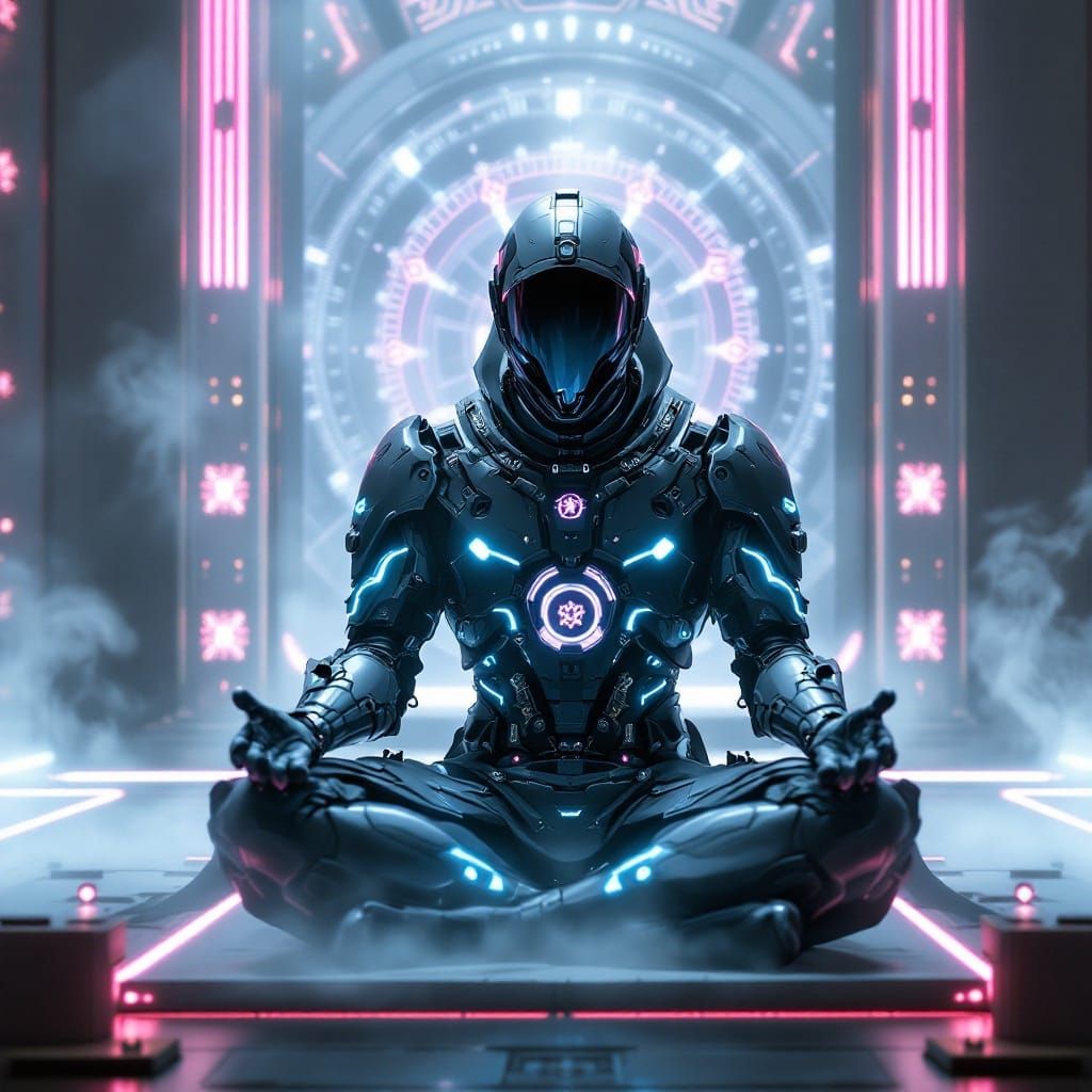Cyberpunk Ninja in Serene Technological Shrine