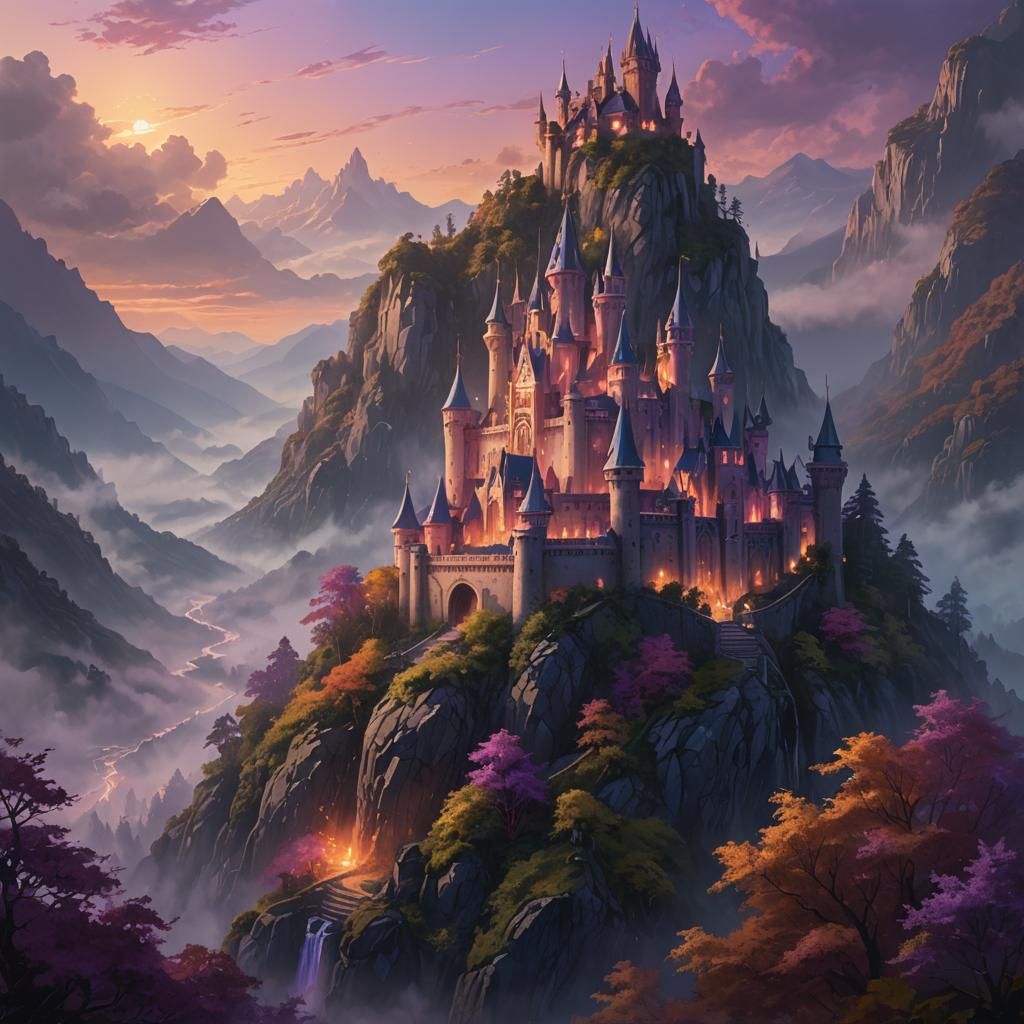 Ethereal Castle on Misty Peak: Fantasy Concept Art