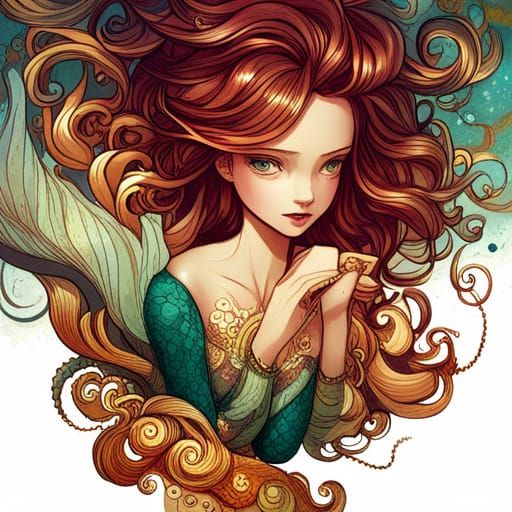 Luminous Mermaid with Golden Outlines, Digital Art