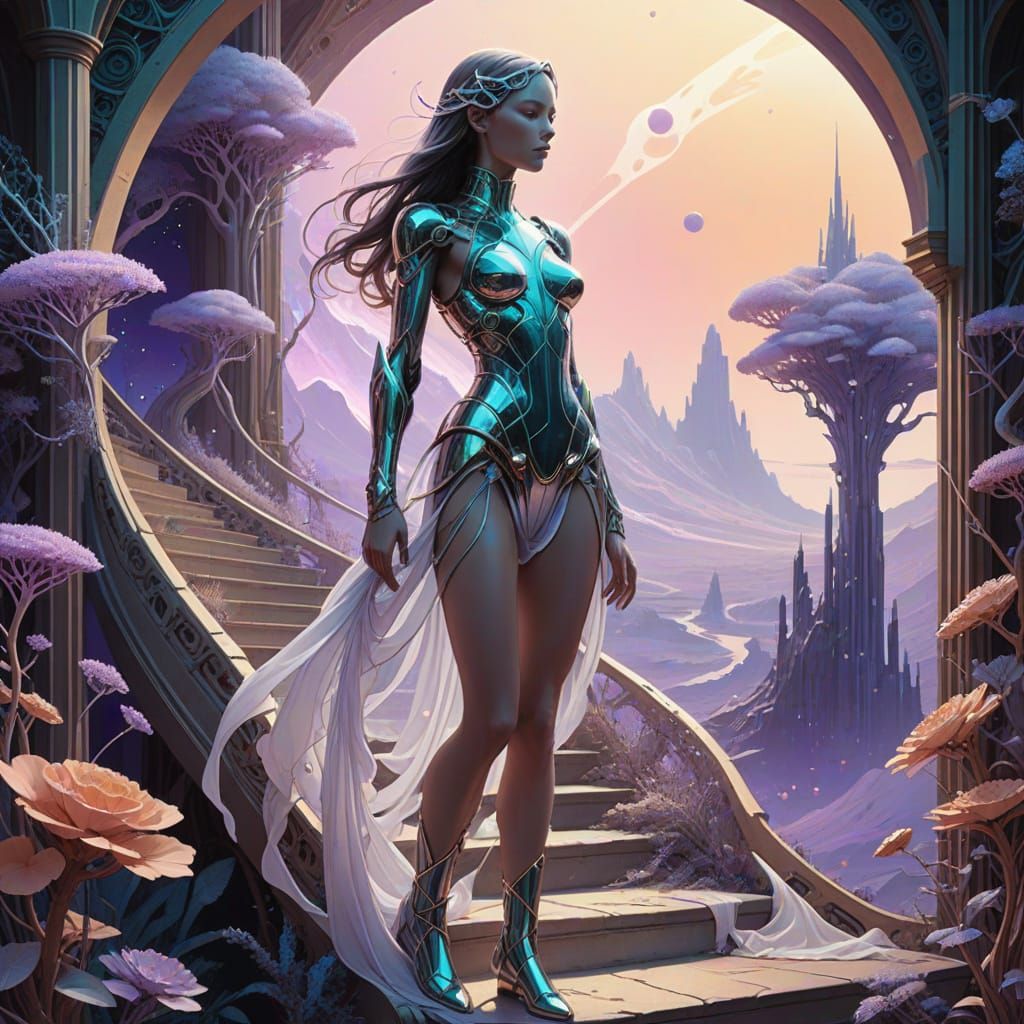 Androgynous Figure on Melting Stairs in Dreamscape