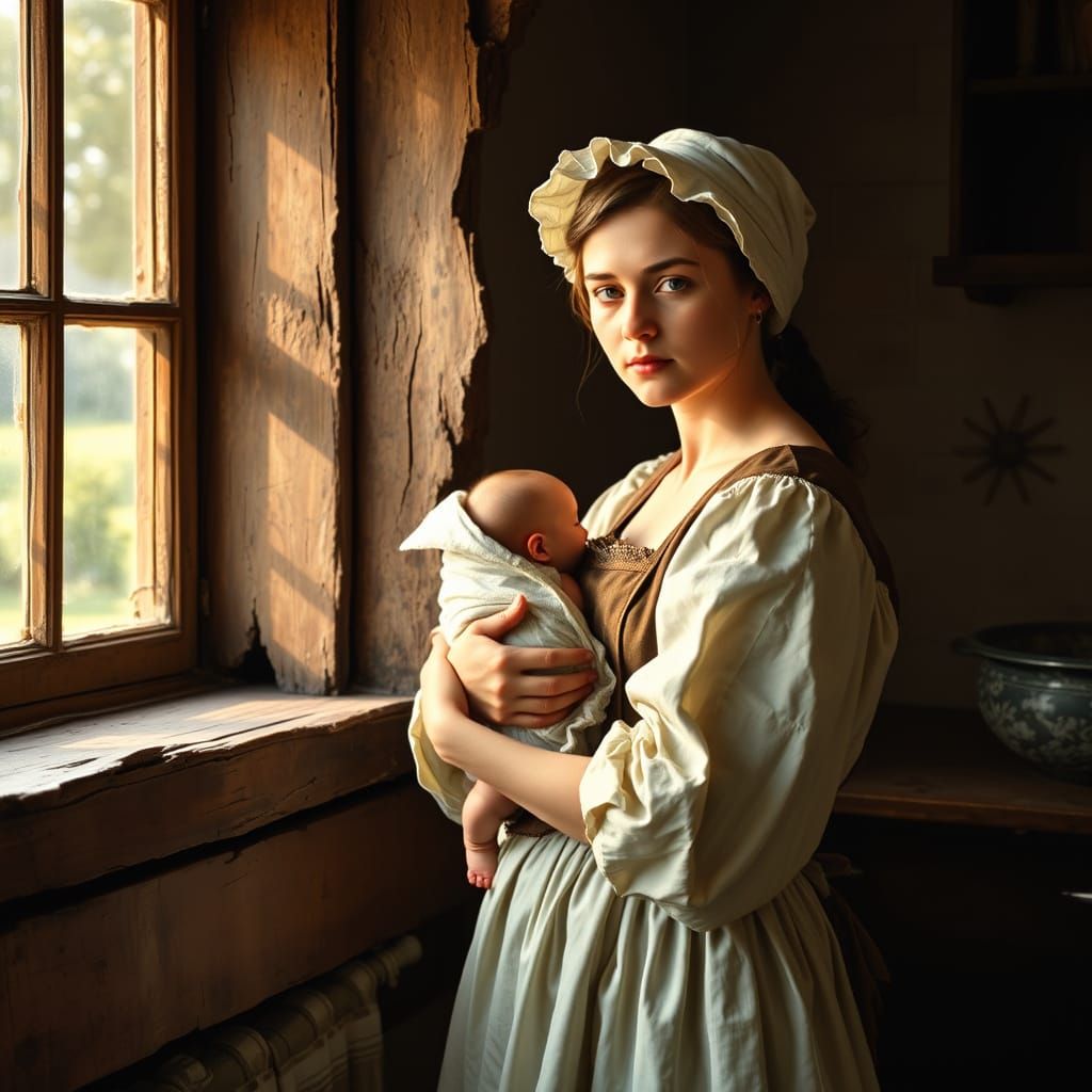 Milkmaid with Baby by Sunny Window, Vermeer Style