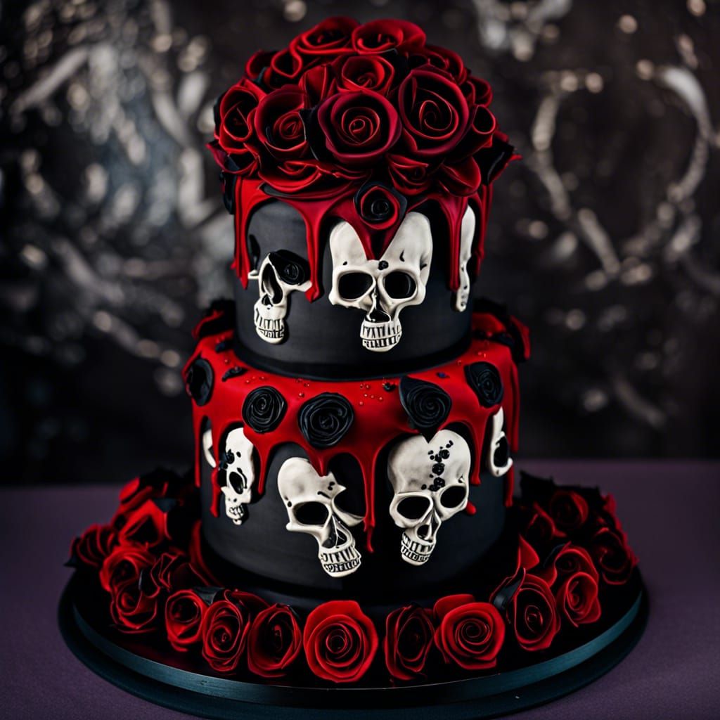 Gothic Wedding Cake with Skulls and Roses