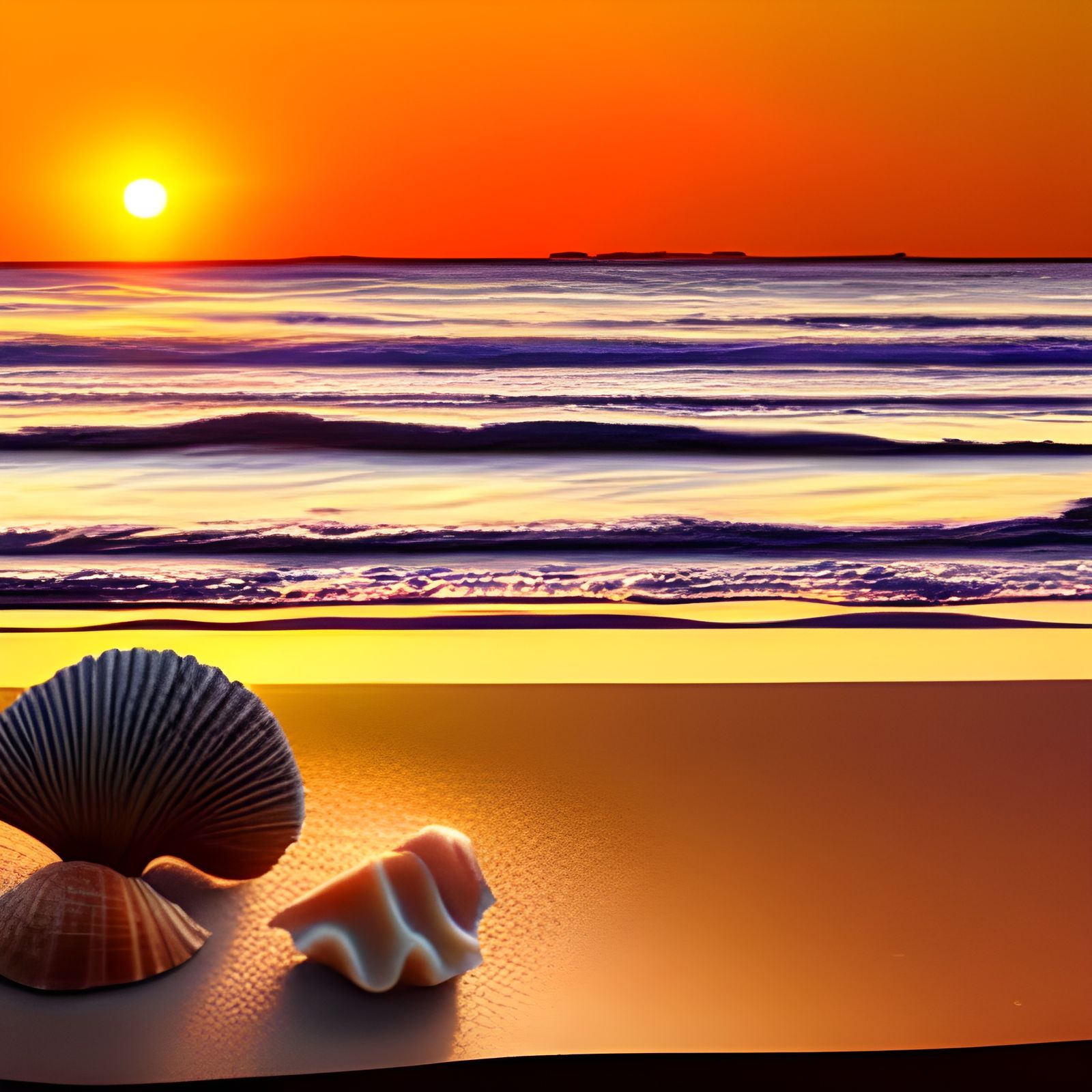 Golden Sunset Beach with Seashells: Digital Matte Painting