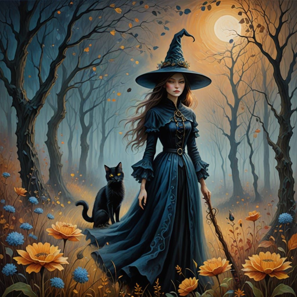 Impressionist Witch and Cat Under Enchanted Autumn Night Lig...