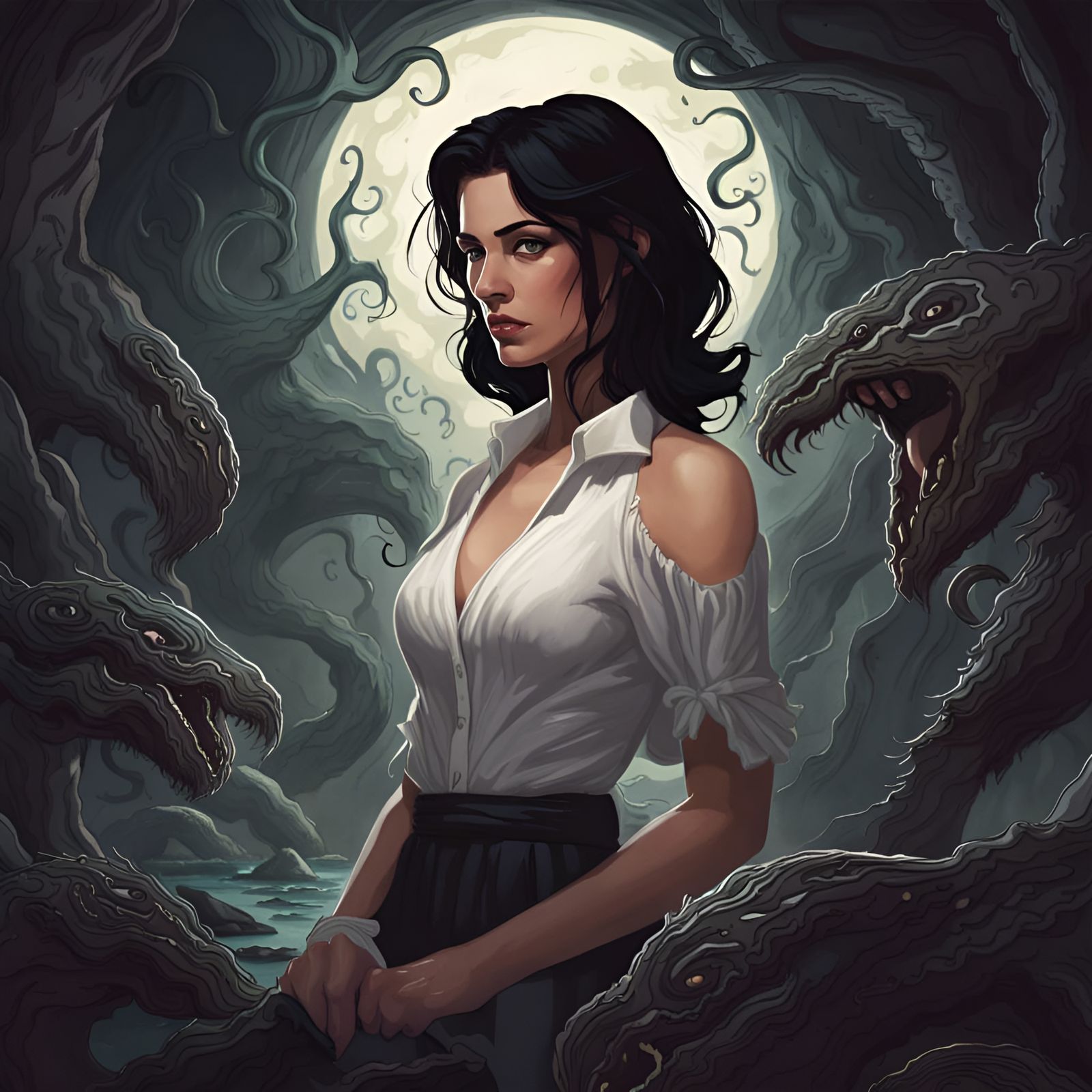 Sad Woman in Lovecraftian Comic Art Style