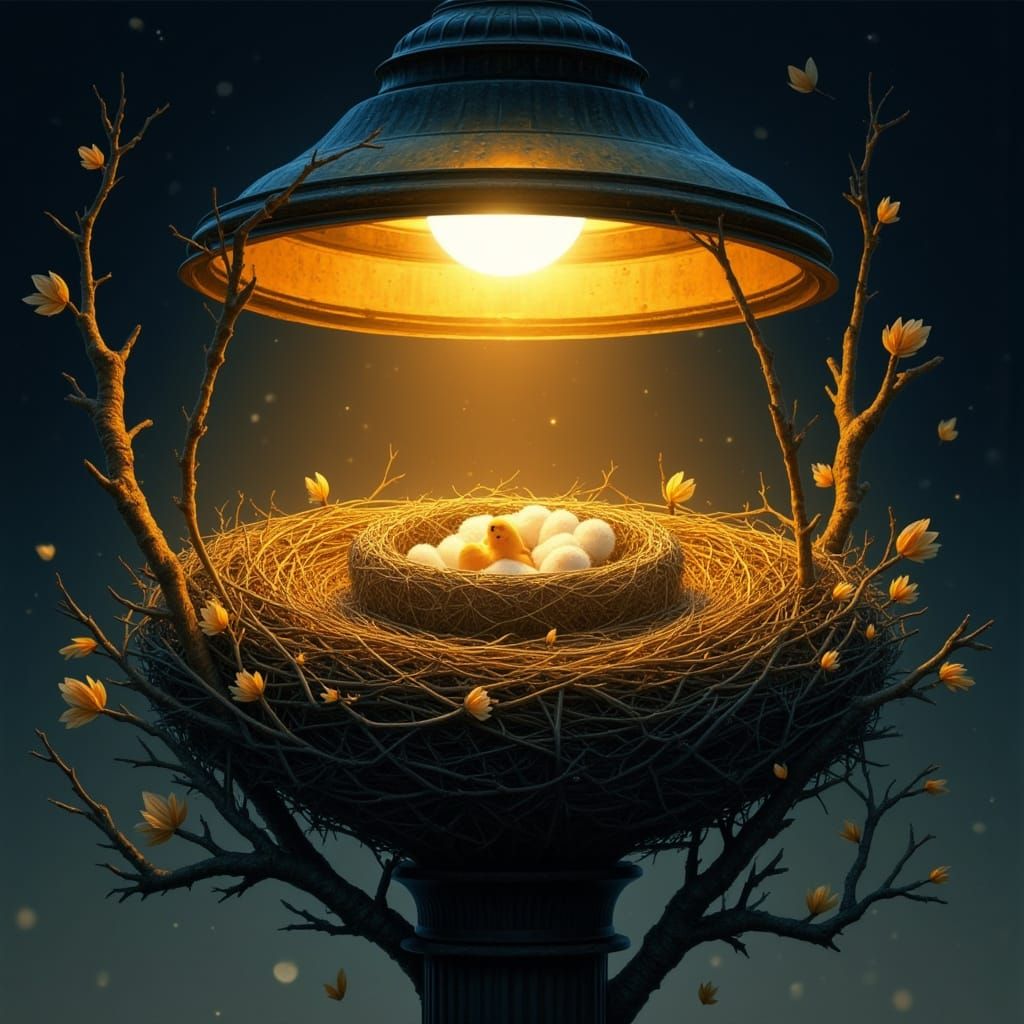Bird's Nest in Illuminated Streetlamp, Digital Painting
