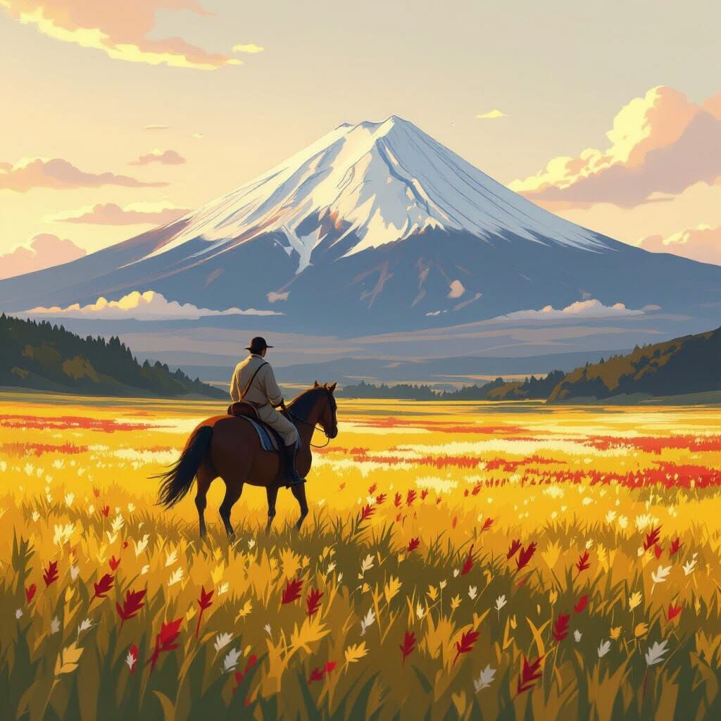 Man Rides Horse Before Yotei Mountain in Painterly Style