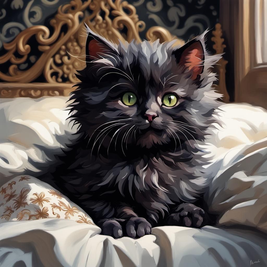 Chibi Black Cat in Bed, Impressionistic Watercolor