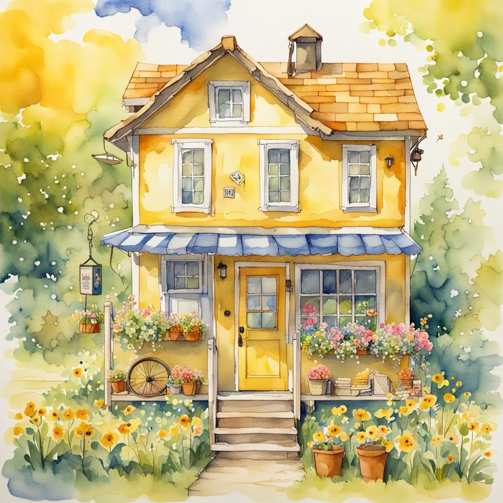 Charming Yellow Tiny House: Studio Ghibli Watercolor