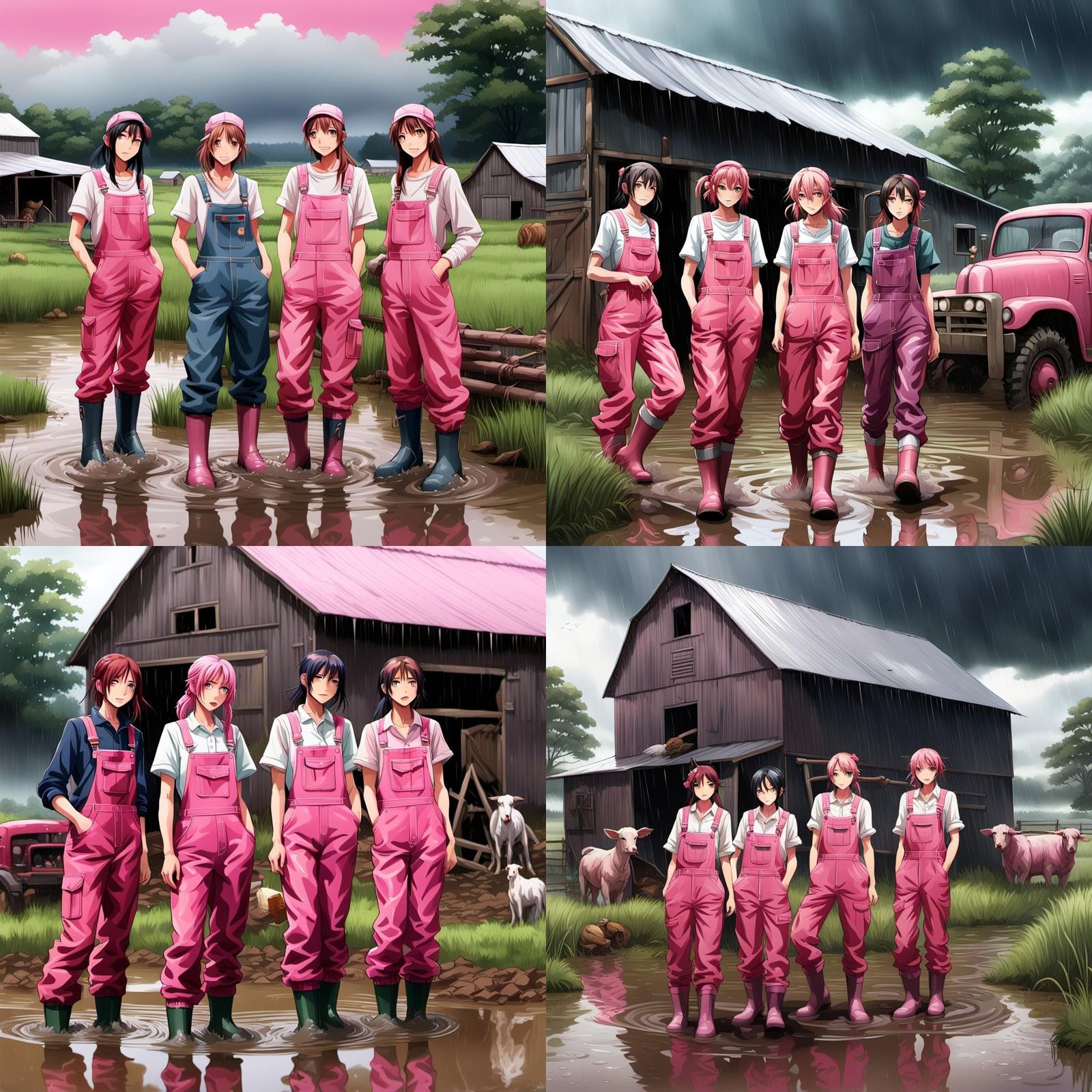 Anime Girls Fight Flood on Farm: Detailed Concept Art