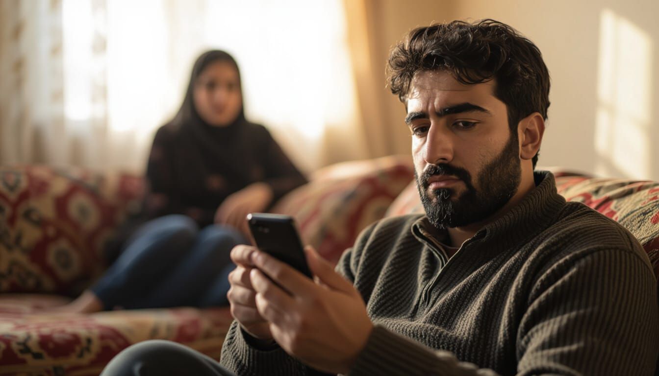 Man Holds Phone Calmly in Sunlit Iranian Home