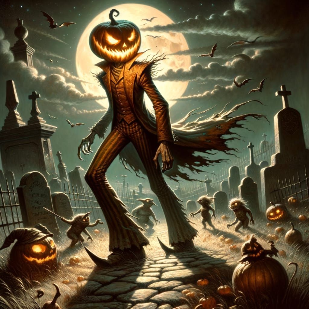 Menacing Jack-o'-Lantern Figure in Moonlit Graveyard