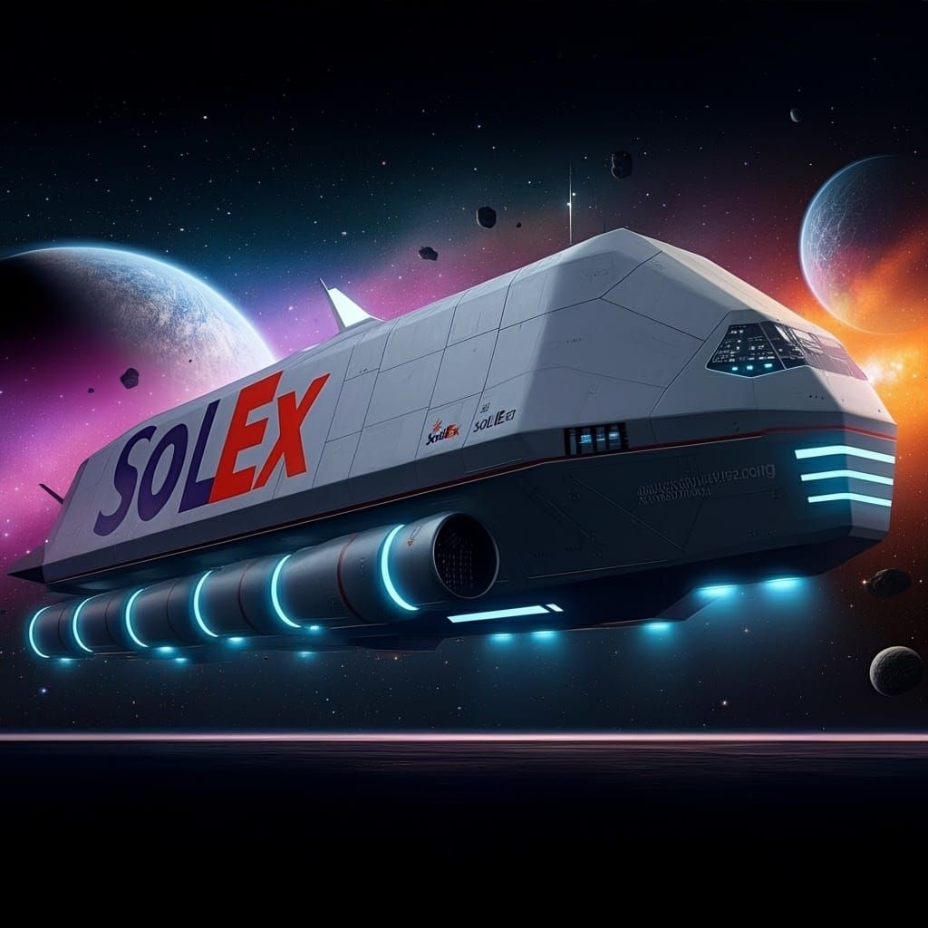 enormous cargo spacecraft, windows and led lights, FedEX becomes SolEx with the same color scheme, stars and planets in ...