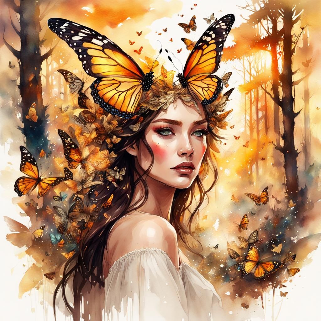 Butterfly Goddess in a Golden Forest, Watercolor Art