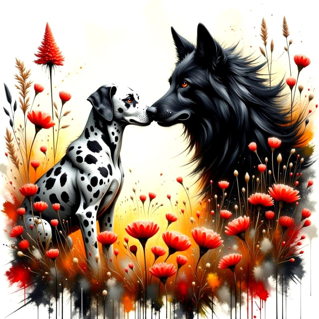 Dalmatian Puppy and Wolf in Charcoal Sketch