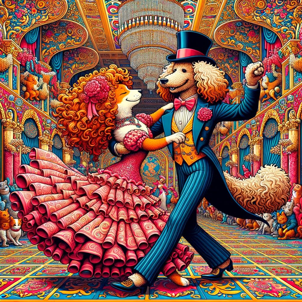 Dapper Dog Waltzes with Cat in Grand Hall