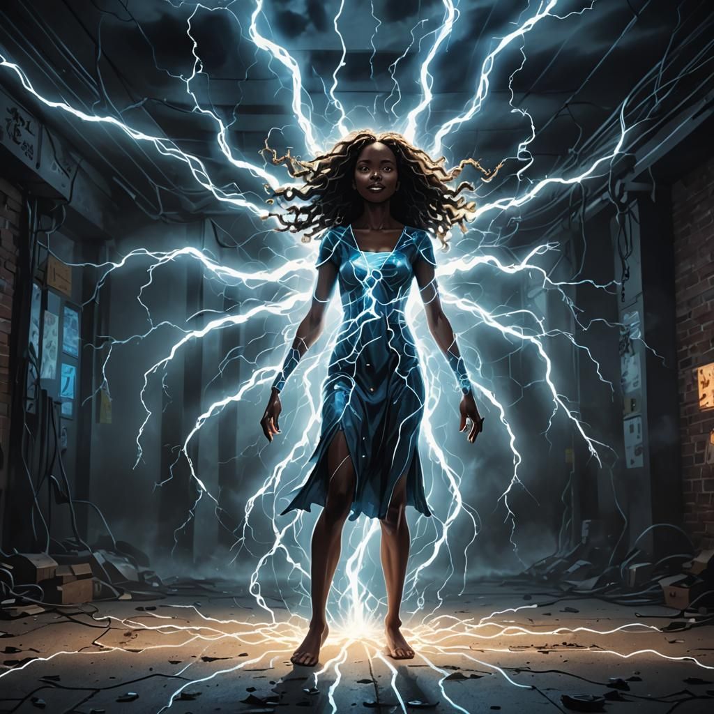 light beam was about ten times, a stick figure zigzagging like a wavy electric current, giant figure with lightning tent...