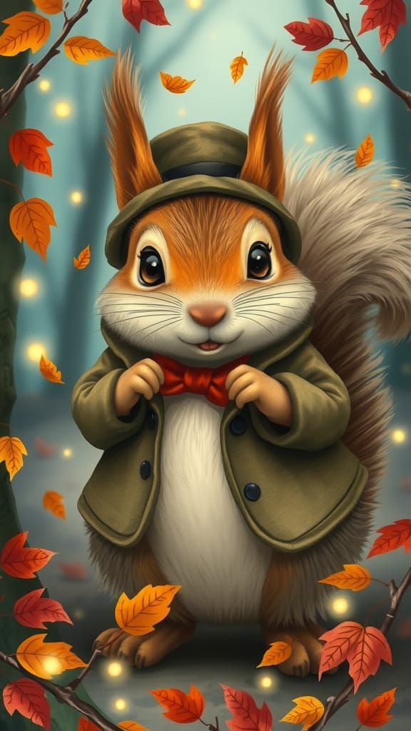 Whimsical Squirrel in Autumn Forest, Illustrated Style
