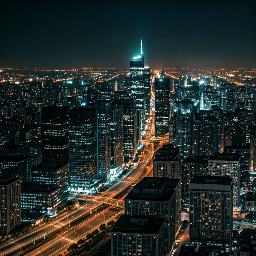 Futuristic Cityscape at Night in Photorealistic Style