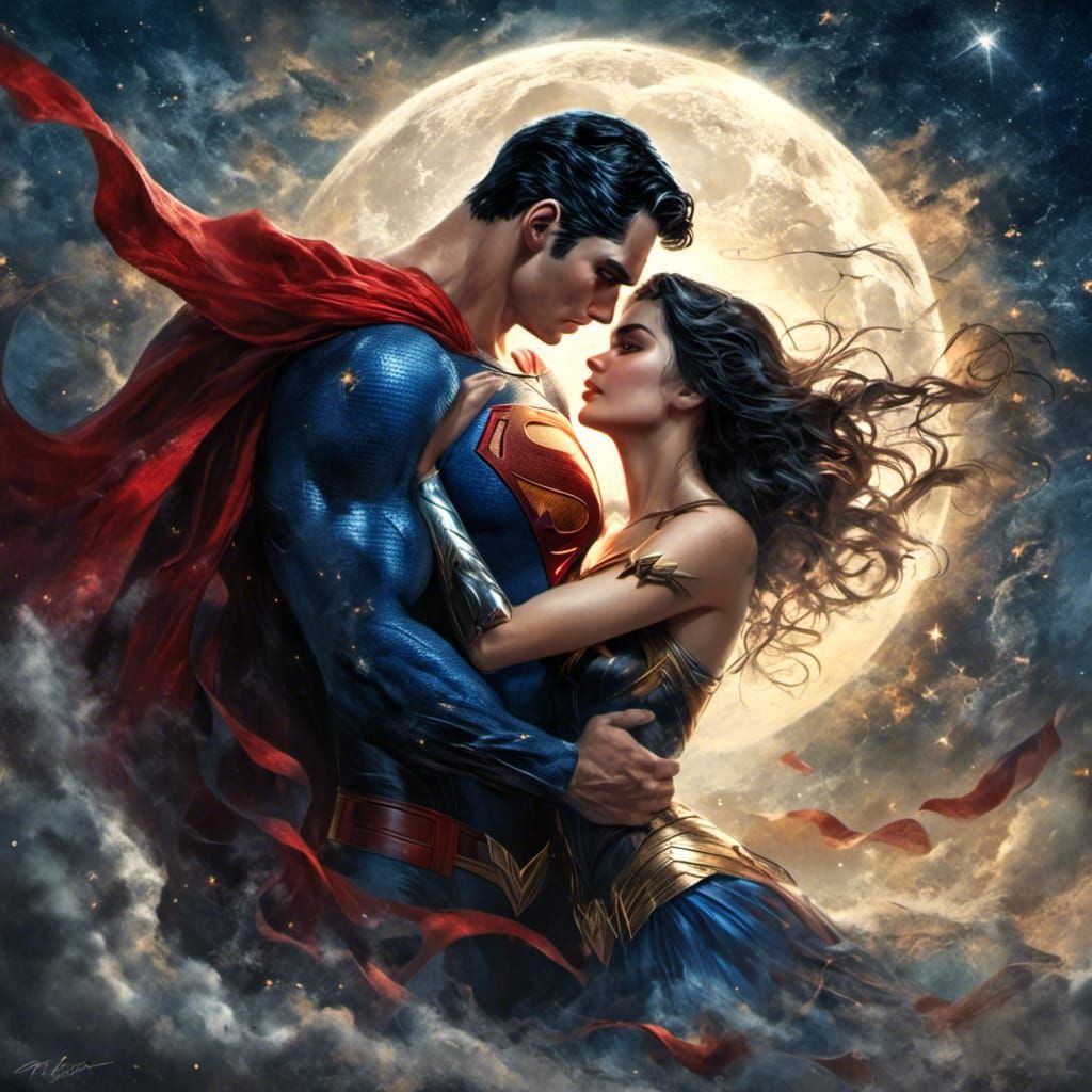 Superman and Wonder Woman Kiss Under the Moon