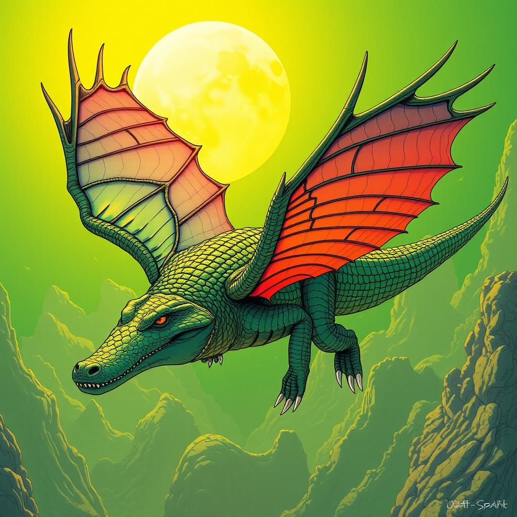 Winged Crocodile Soaring Through Golden Skylines