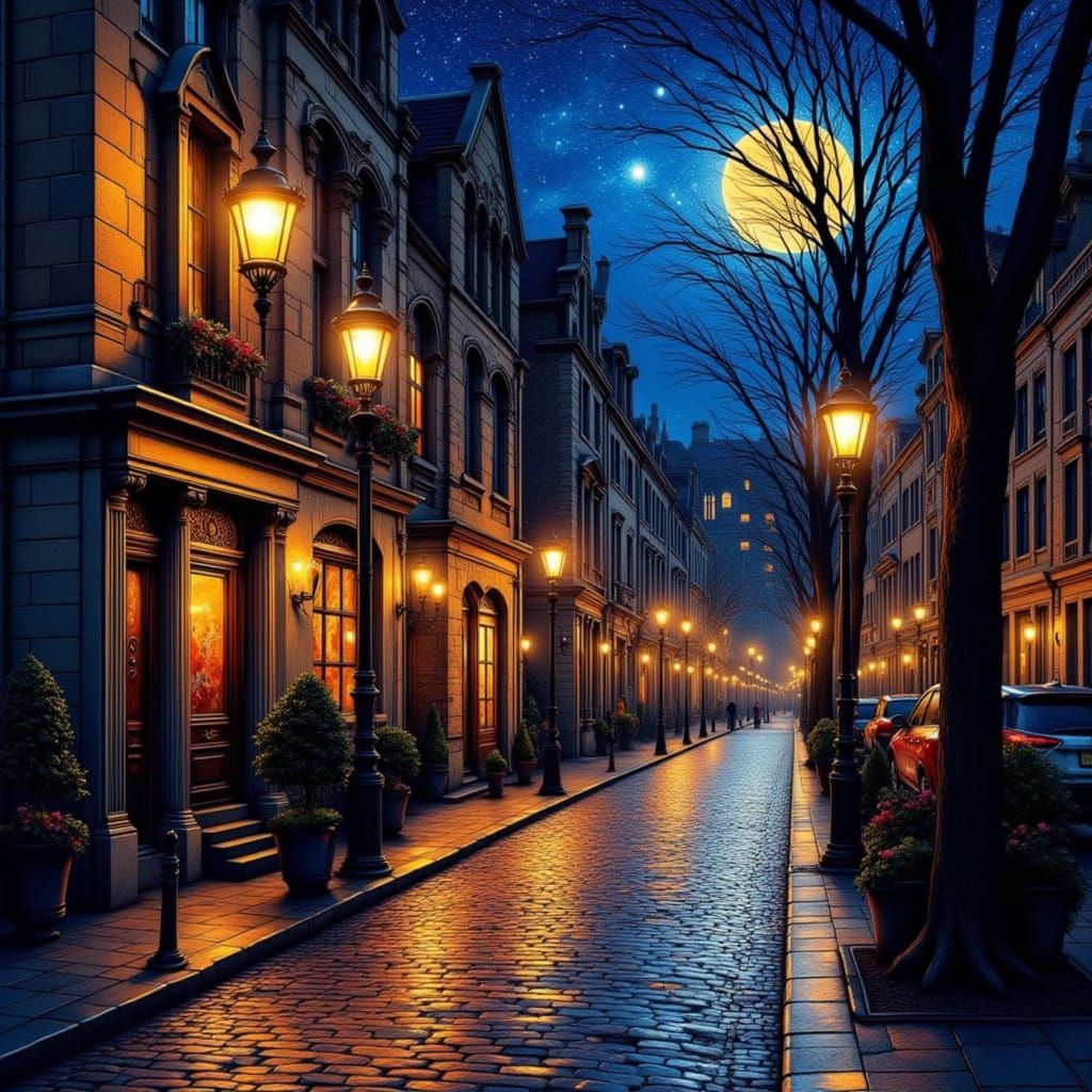 Neo Traditional City Street at Night with Stained Glass Sky