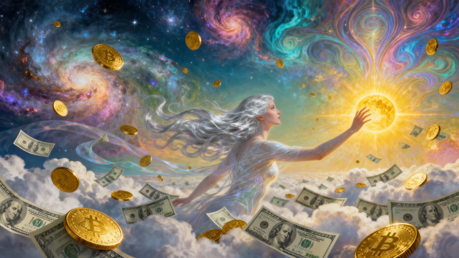 Ethereal Woman Reaches for Sun in Cosmic Coin Dreamscape