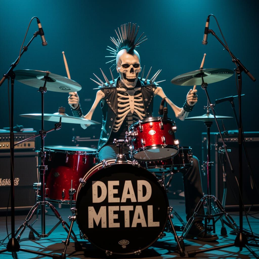 Skeletal Rock Band with Steel Mohawk Drummer