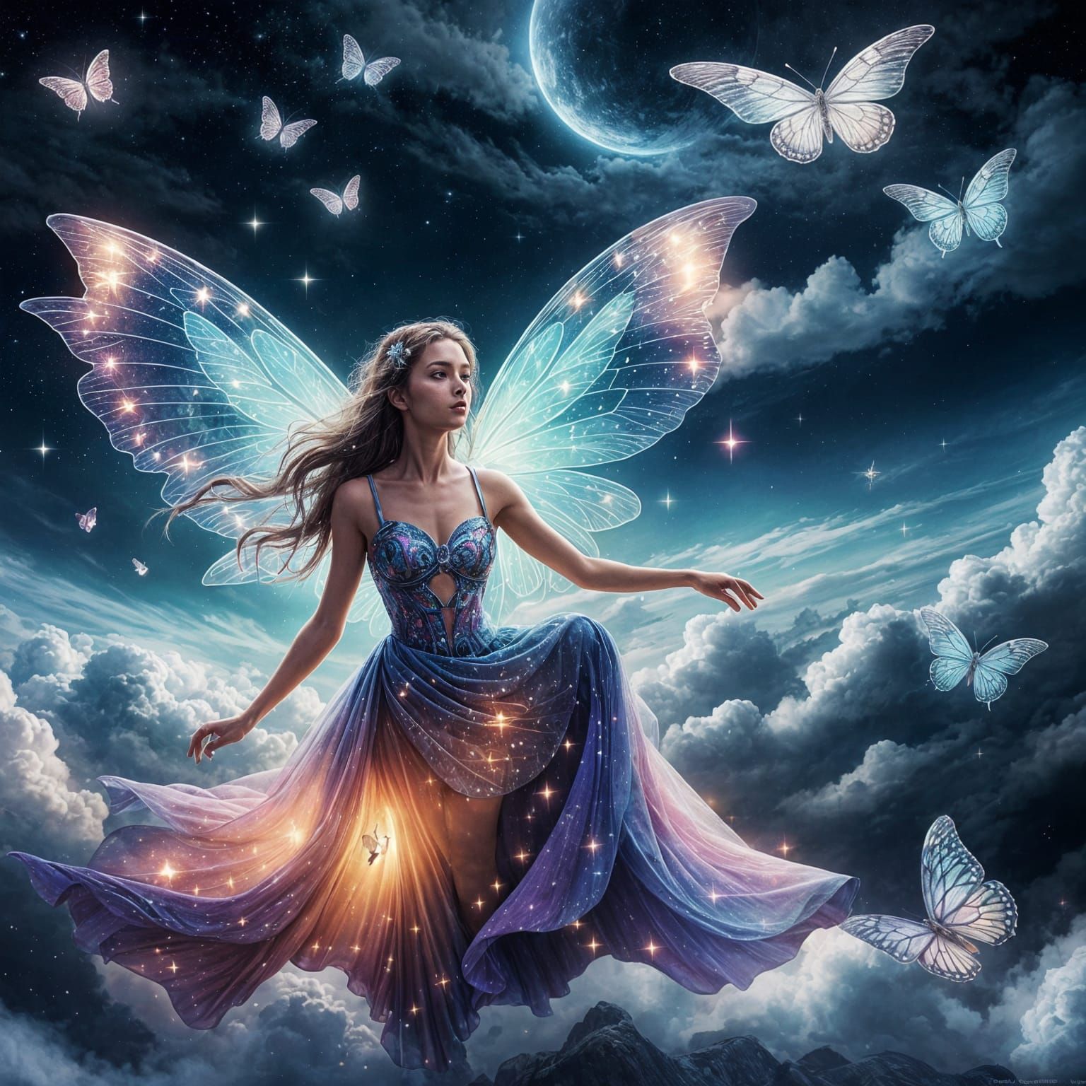 Woman with Butterfly Wings Above Clouds at Night
