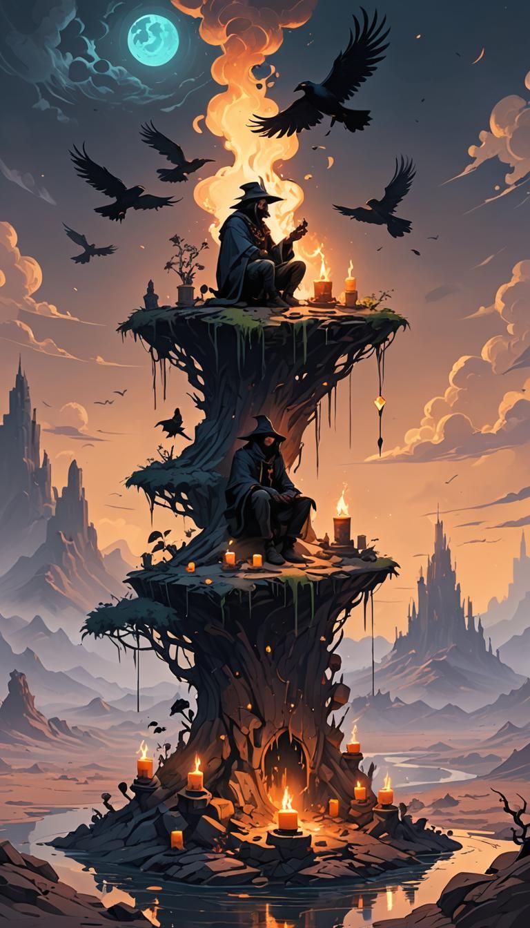 Floating Island Mage with Crow: Fantasy Art