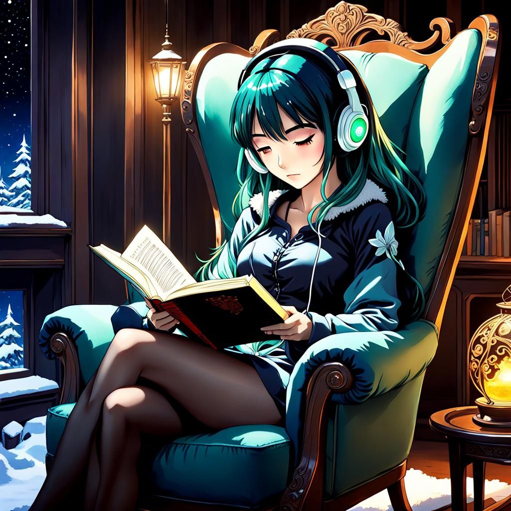 a girl sitting in a chair reading a book