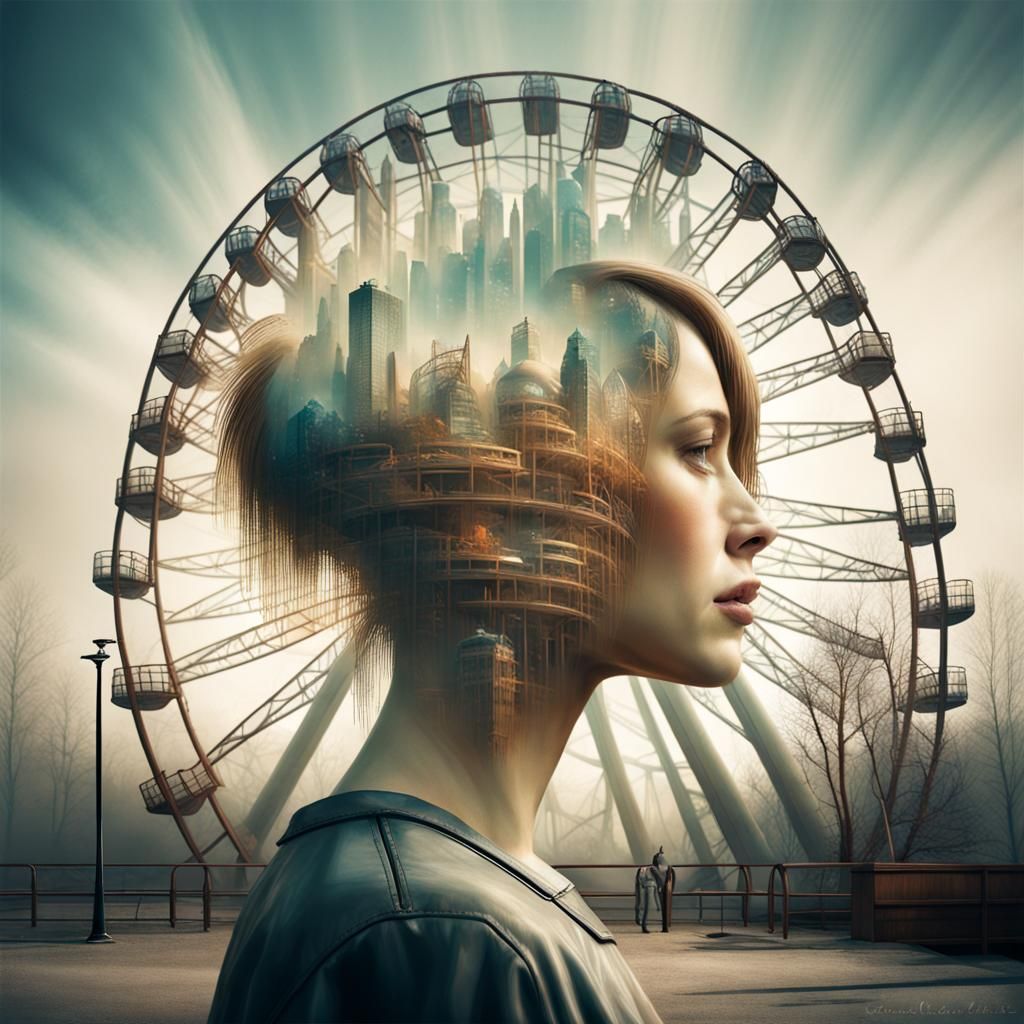 Amusement Park Double Exposure in Surrealcore Style