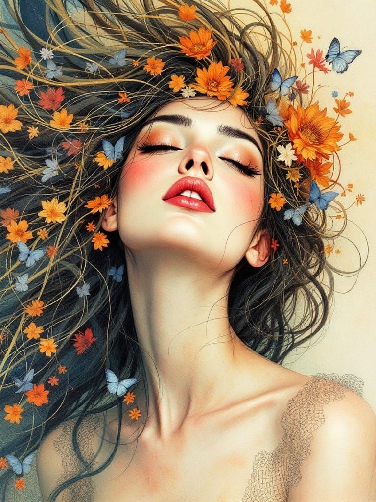 STYLE: In the style of Alphonse Mucha+Hayao Miyazaki+Rebecca Guay: Create imagery with flowing Art Nouveau lines and dec...