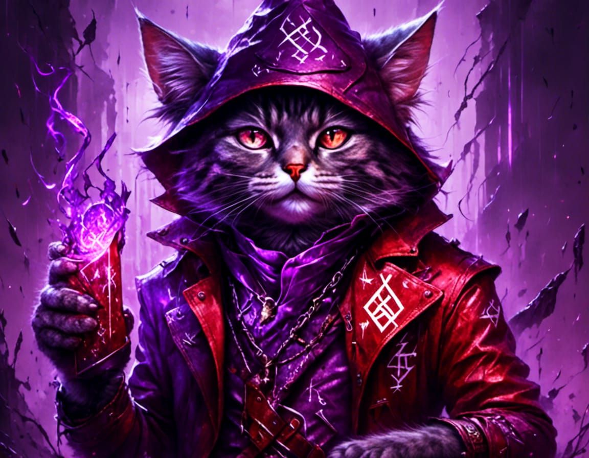 Cat Wizard with Glowing Runes in Graffiti Style